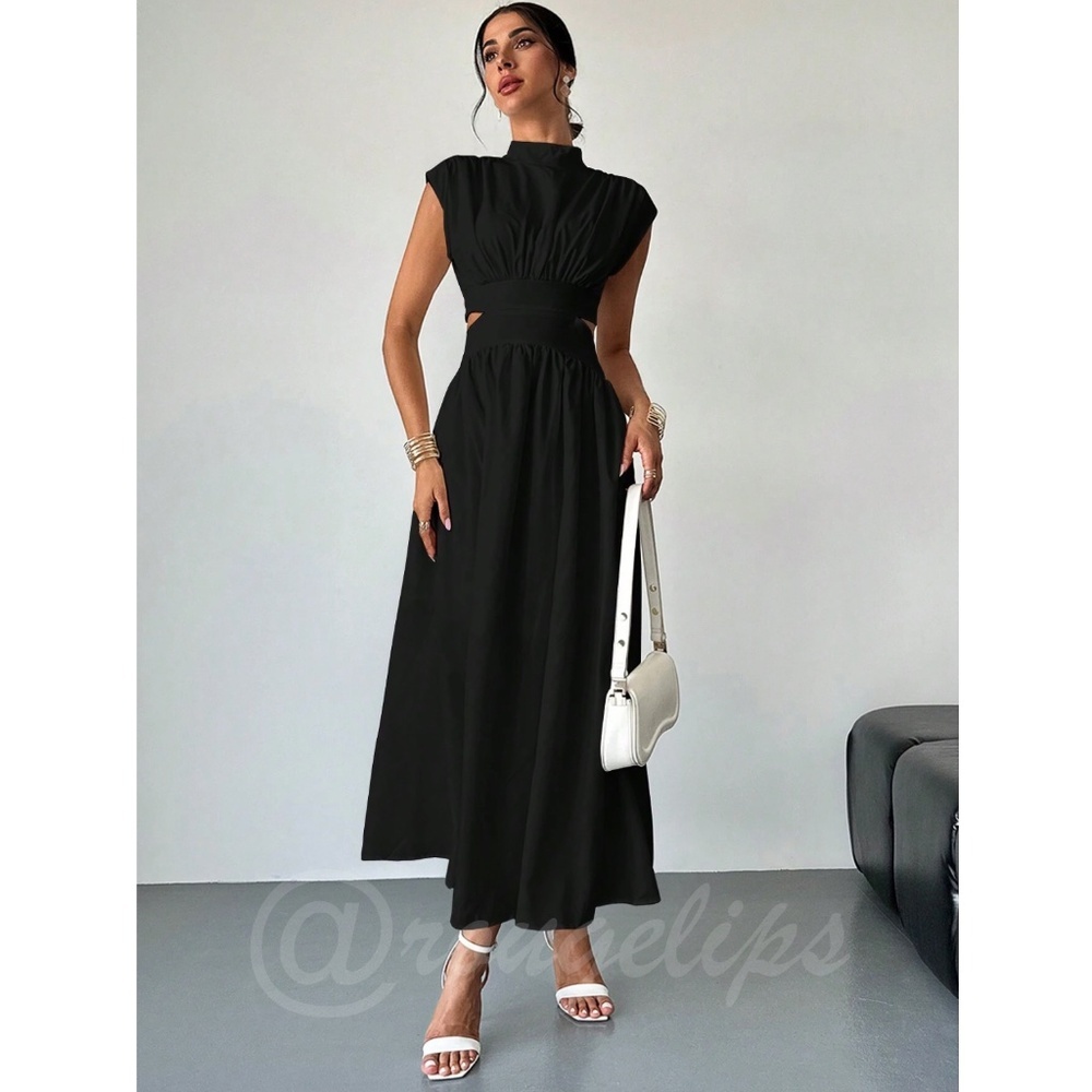 Black Long Dress High Neck Cut Out Back Flared Skirt Sleeveless - Picture 3 of 10